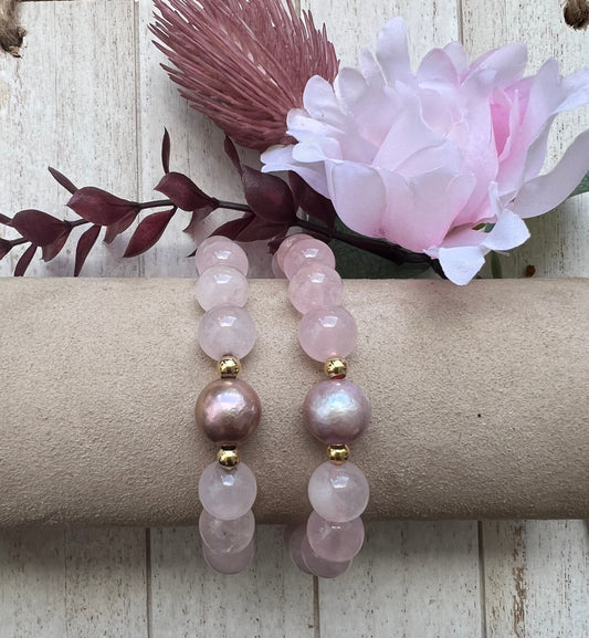 ROSE QUARTZ W/ EDISON PEARL stretch bracelet