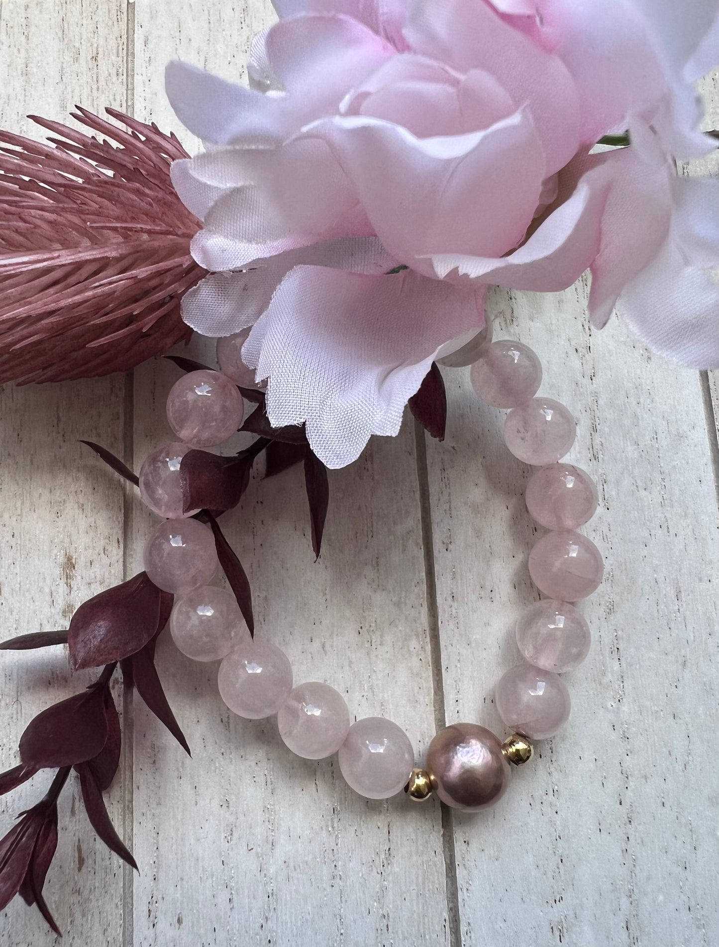 ROSE QUARTZ W/ EDISON PEARL stretch bracelet