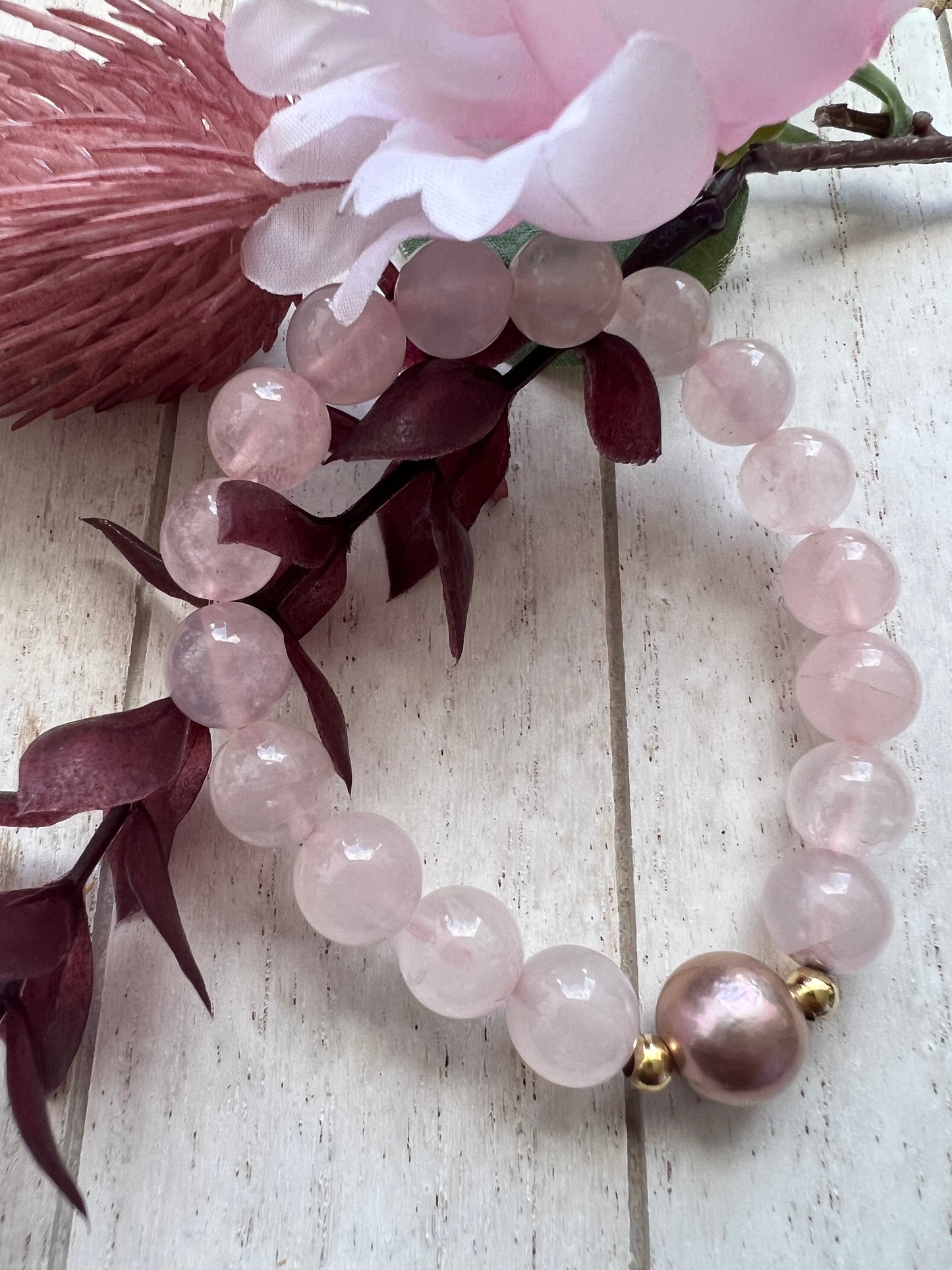 ROSE QUARTZ W/ EDISON PEARL stretch bracelet